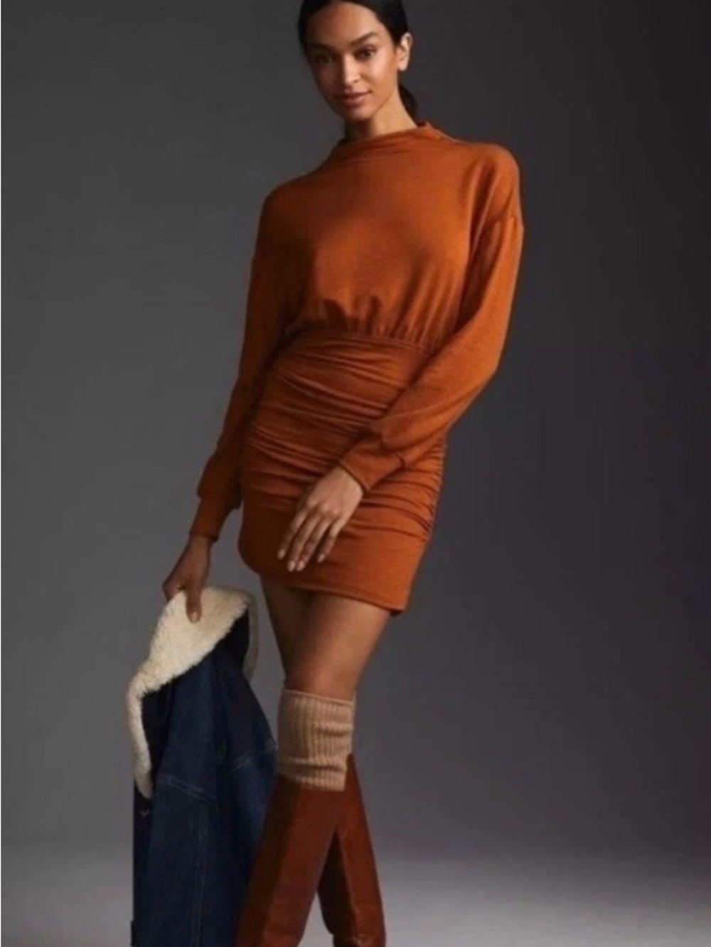 Ruched Long-Sleeve Mini Dress in Rust Orange